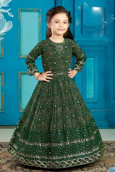 Green Mirror, Stone, Sequins and Thread work with Digital Print Long Party Gown